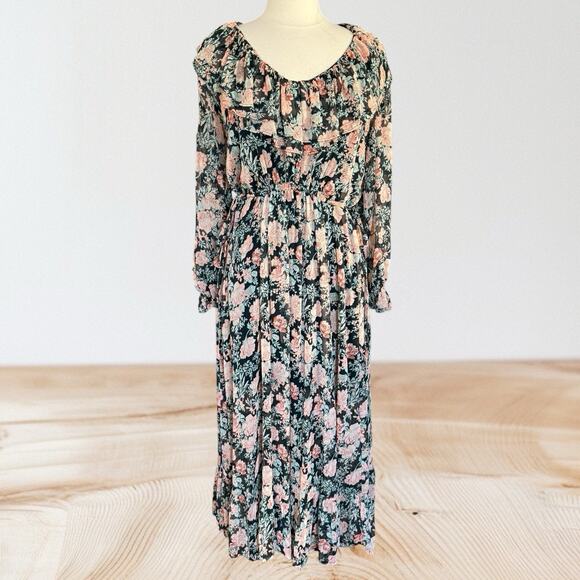 Mango MNG Maxi Dress Sz 8 Black Floral Print Ruffles Sheer Romantic Fairy Core - Picture 14 of 15